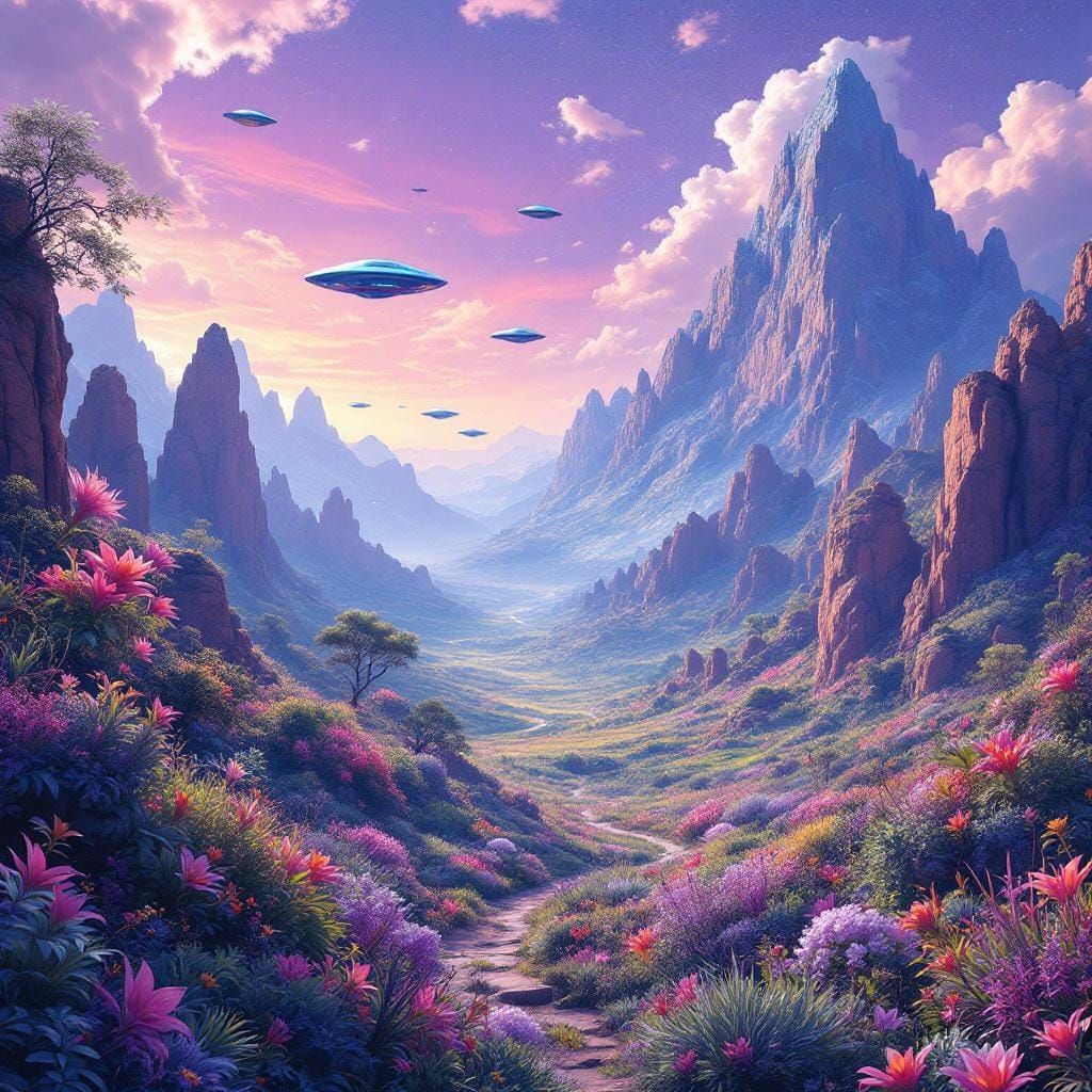 Iridescent Alien Dreamscape Under Violet Skies