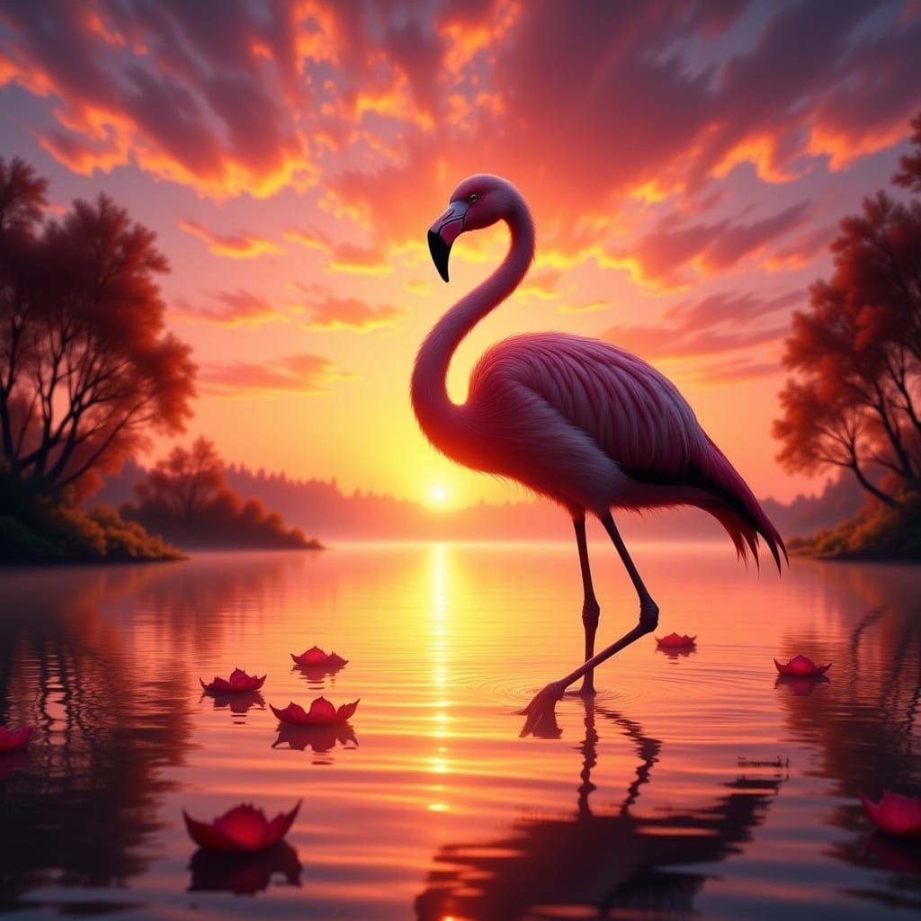 Beautiful Flamingo at Sunset in Hyperrealistic Style