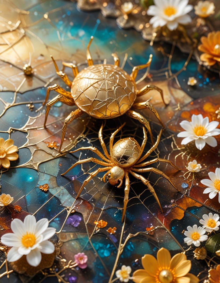 Surreal Spider and Duckling Dreamscape in Kintsugi Style