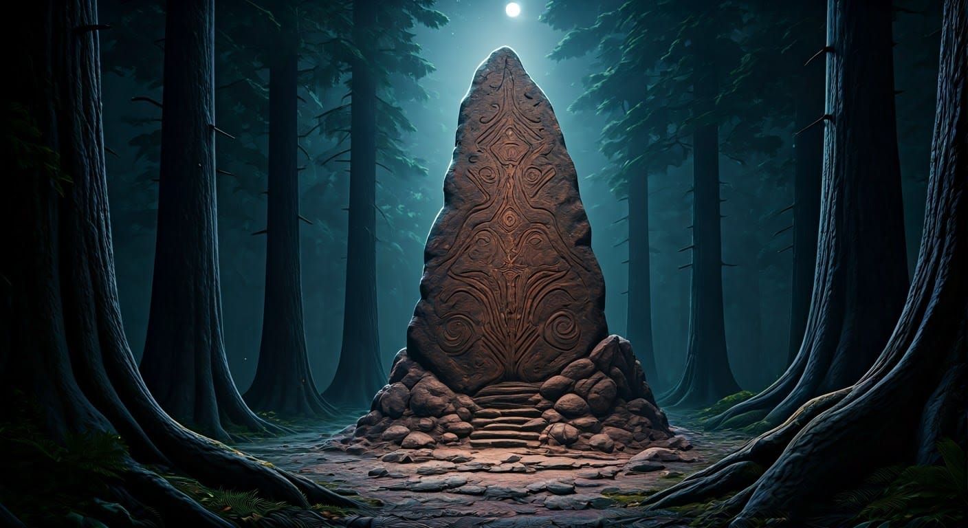 Ancient Clay Monolith in Fantasy Landscape