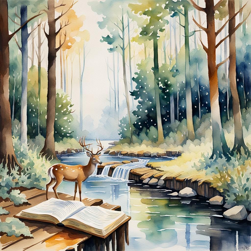 Ethereal Forest Stream: A Whimsical Watercolor Painting
