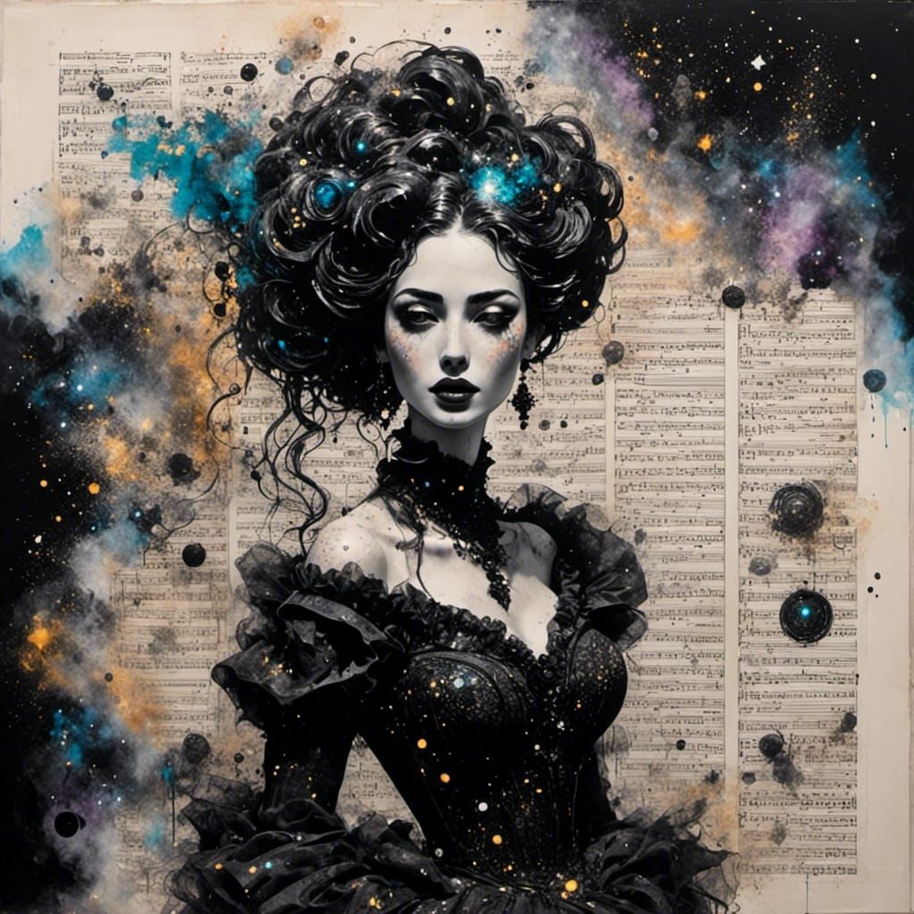 Ink Painting Portrait on Sheet Music with Galactic Dust