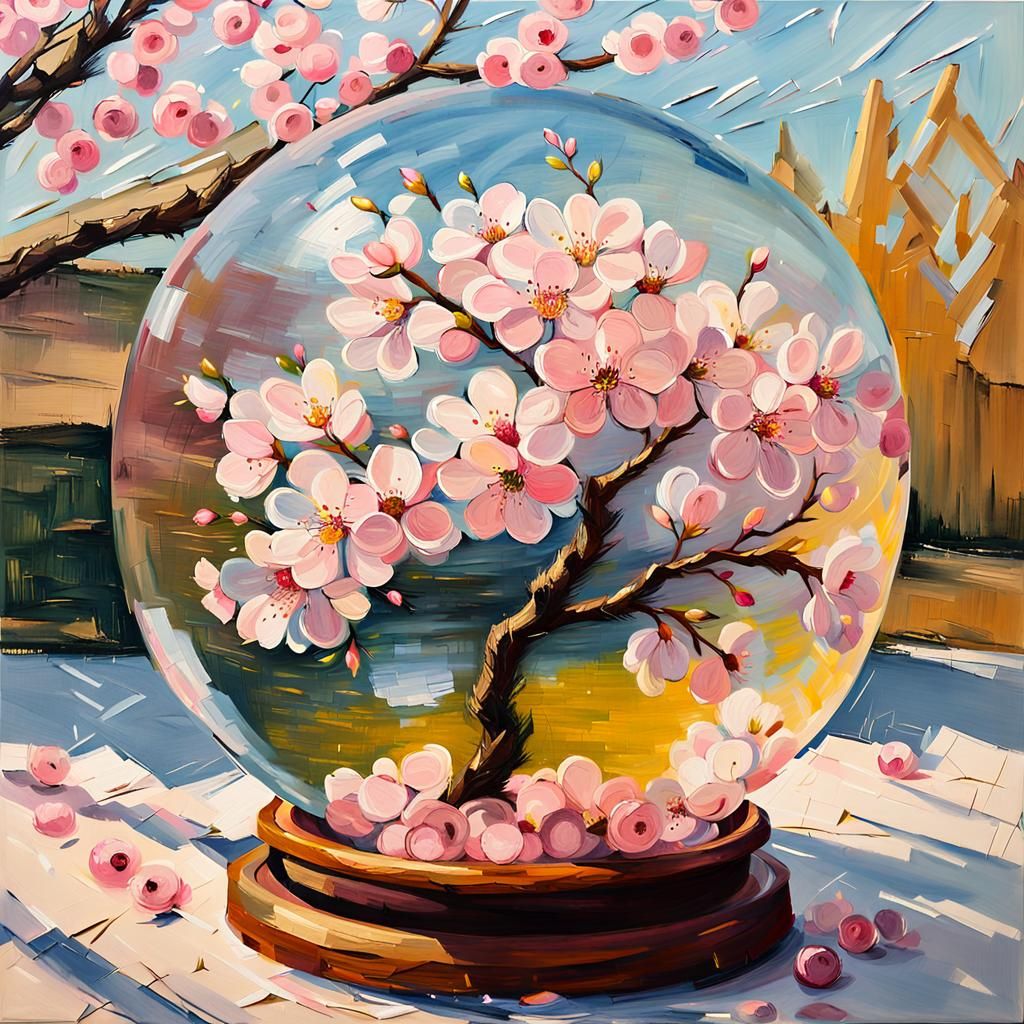 Cherry Blossoms in Glass Ball: Impressionist Oil Painting