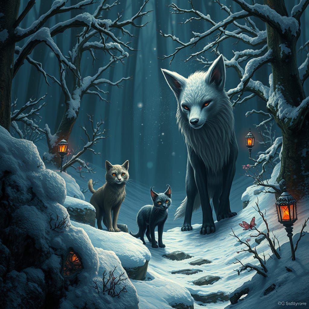 Mysterious Winter Creatures Emerge in a Darkened Garden