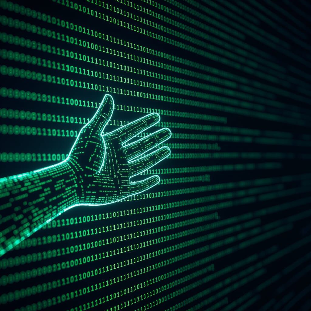 Digital Hand Emerges From Computer Screen Code