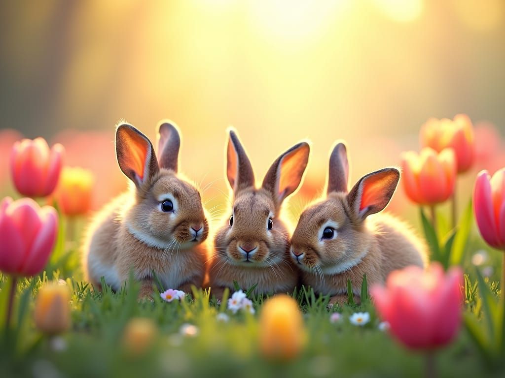 Tulips in Dawn's Soft Golden Light with Three Lazing Bunnies