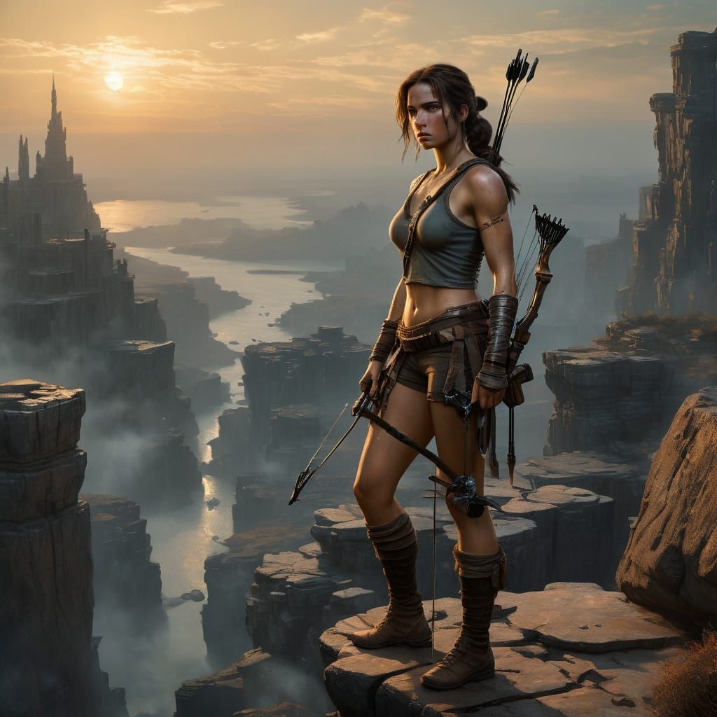 Lara Croft Overlooks Alien City in Digital Painting