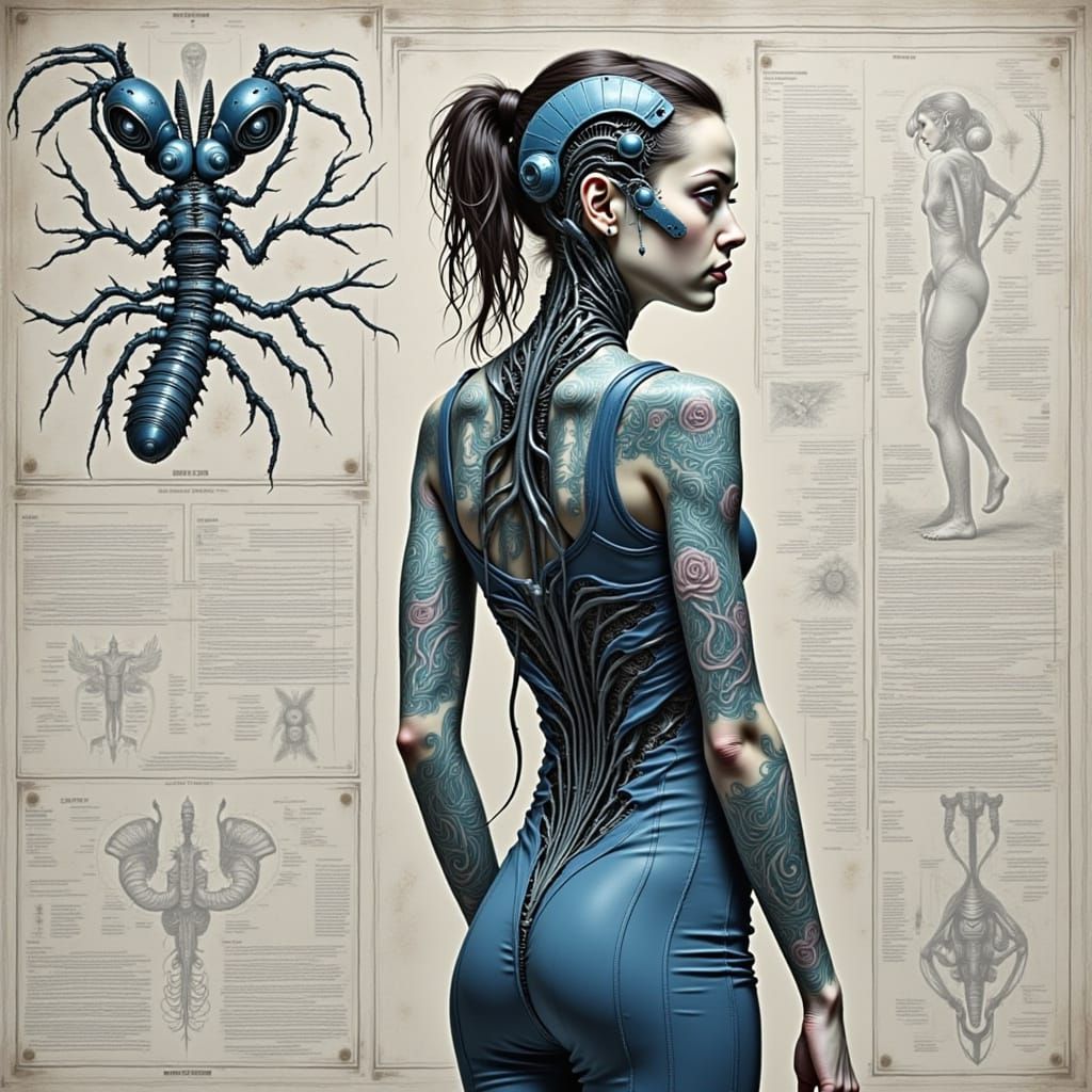 Cyborg Woman with Biomechanical Tattoos in Giger Style