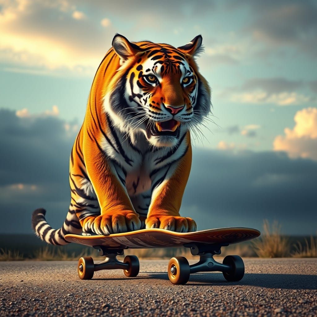Whimsical Tiger Skates Through a Dramatic Sky
