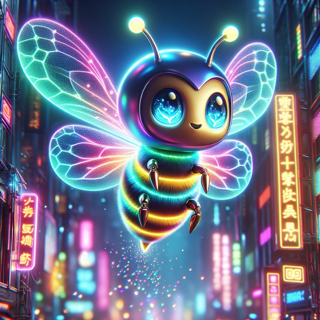 Neon Chibi Bee Lights Up Cyberpunk Cityscape