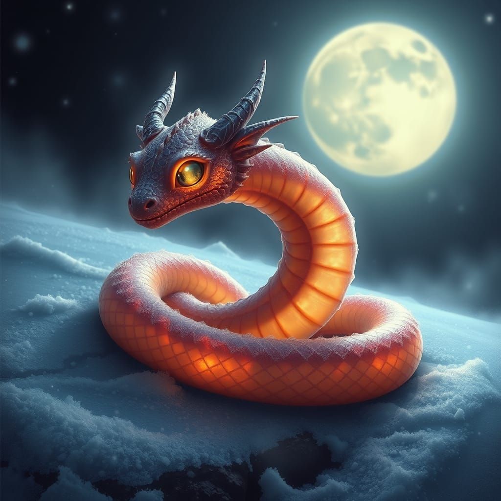 Serpentine Infant Dragon Shines in Frosty, Whimsical Landsca...