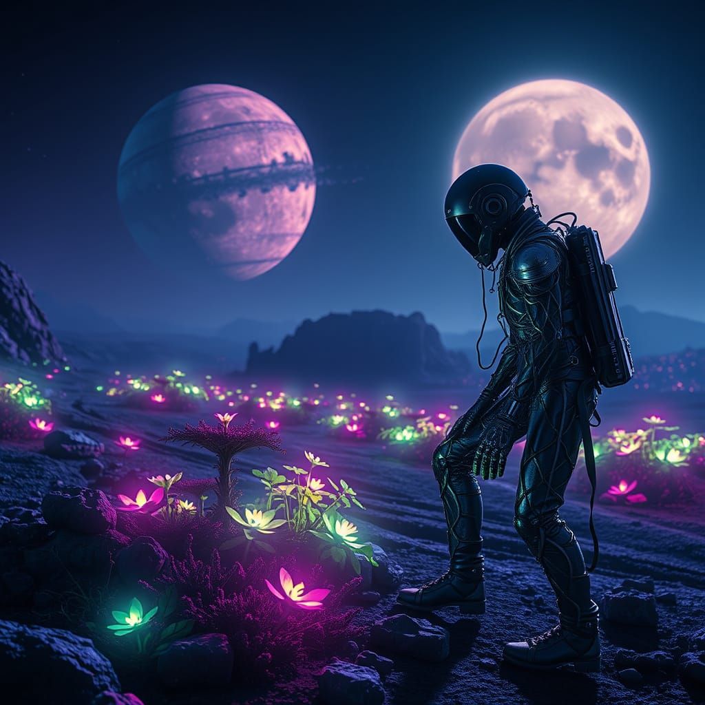 Biomechanical Botanist Tends Glowing Asteroid Garden in Dark...