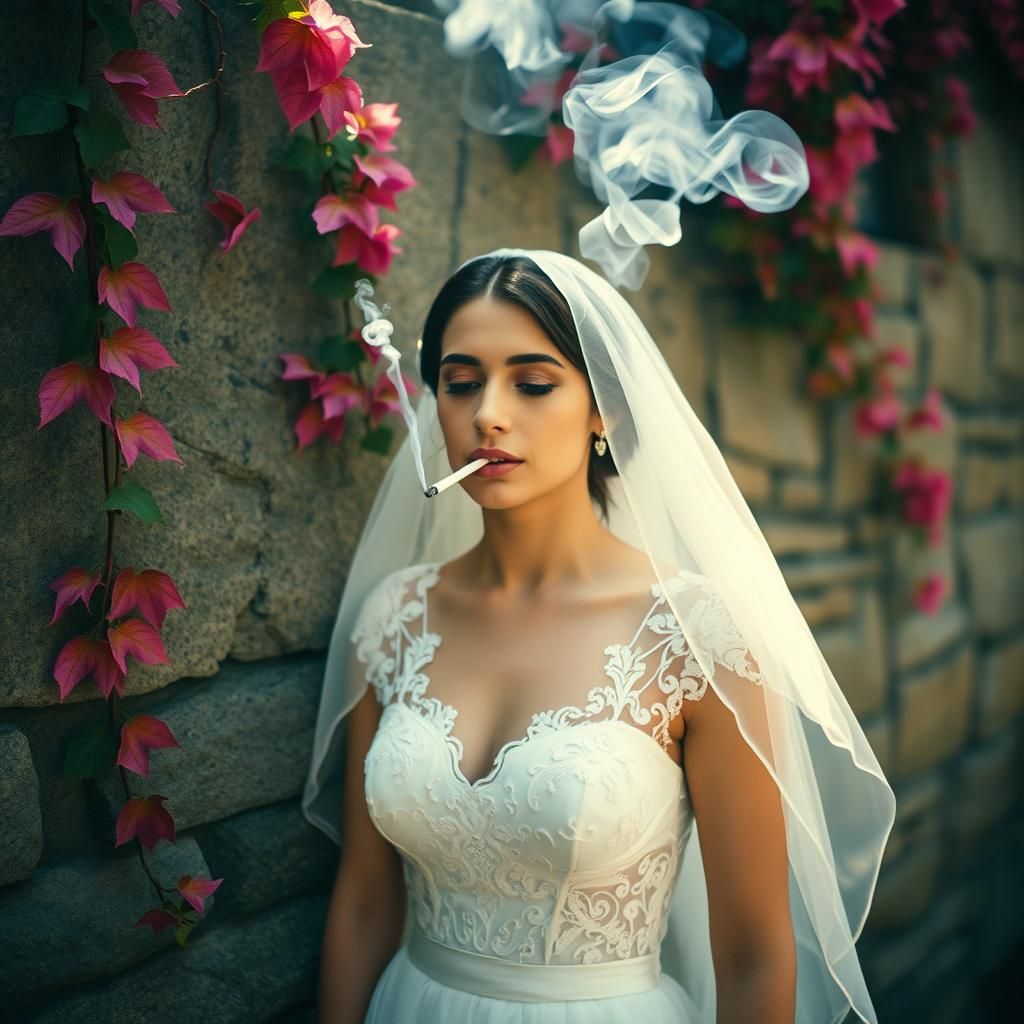 Bride Smoking Against Ivy Wall: Cinematic Film Still