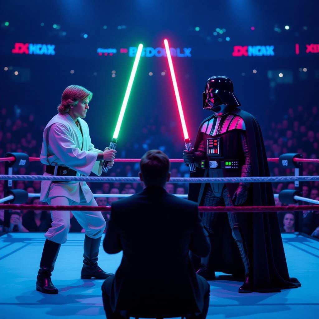 Neon Lightsaber Wrestling Interview in Blue Ring