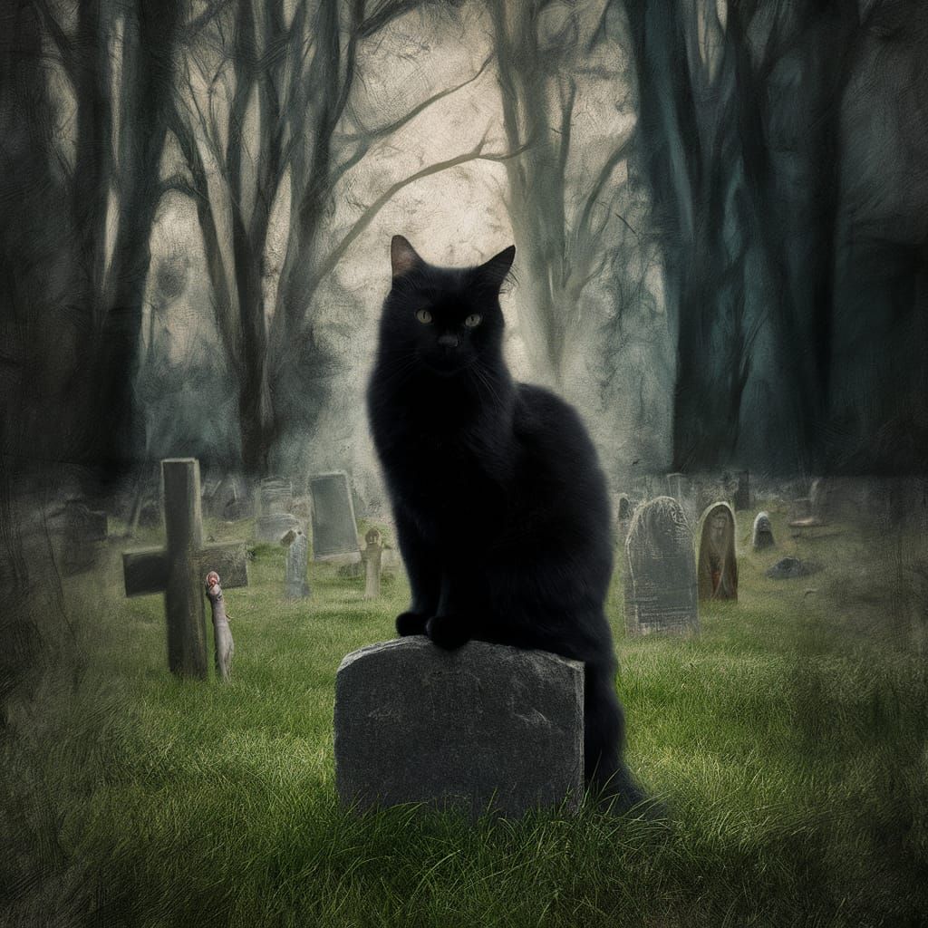 Ghostly Black Cat in Sinister Cemetery