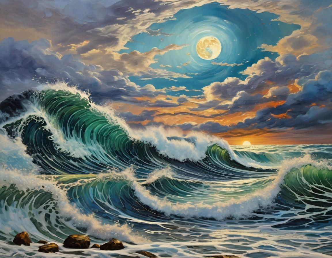 Surreal Sunset Beach Scene in Impasto Style