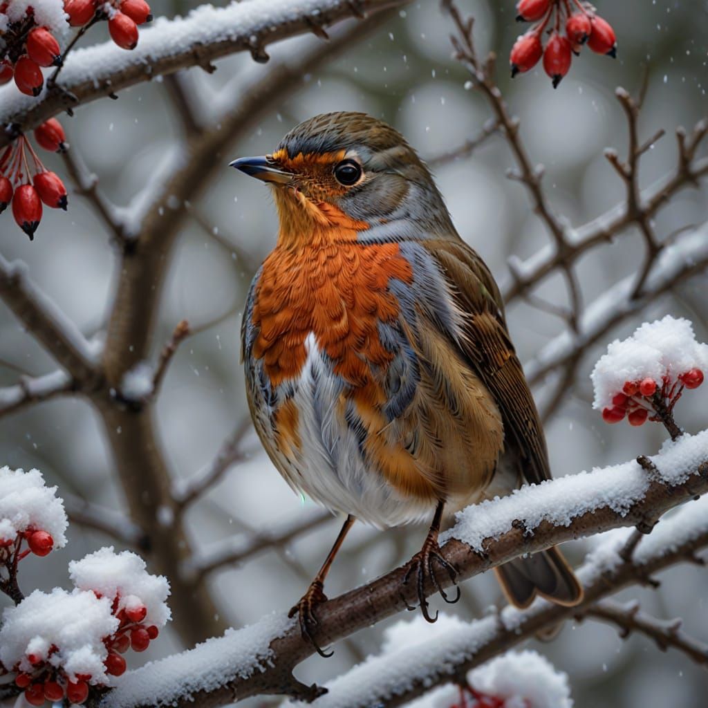 Macro Photo of Robin in Snow, Hyperrealistic Splash Art
