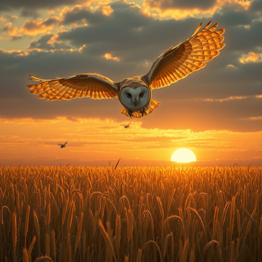 Hyperrealistic Barn Owl Hunting Over Golden Stubble Field