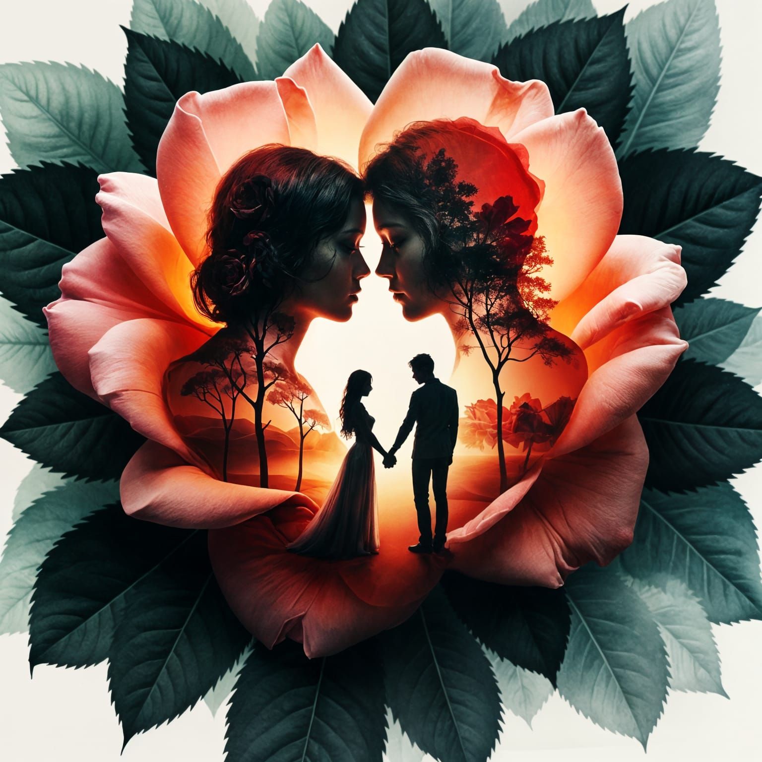 Double Exposure Rose With Lovers in Watercolor Style