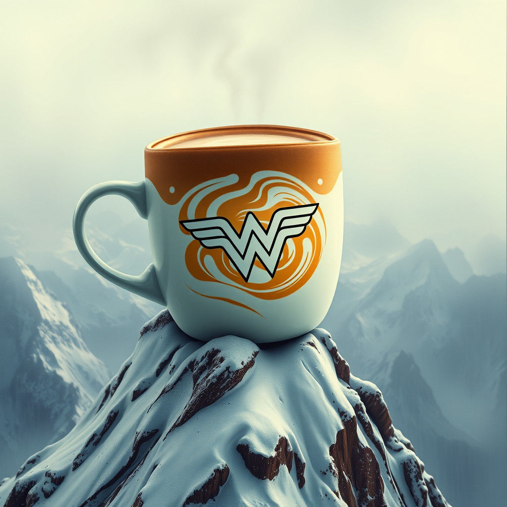 Wonder Woman Latte on Snowy Peak, Surreal Art