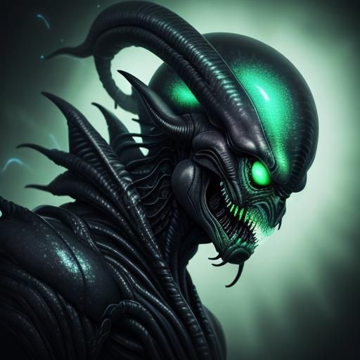 Neon Green Glowing Predalien in Misty Darkness