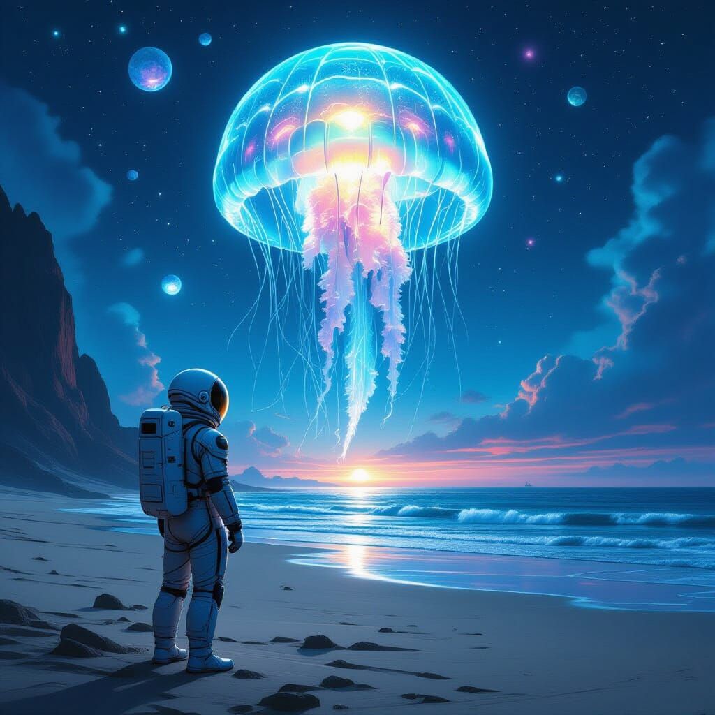 Astronaut and Bioluminescent Jellyfish in Surreal Landscape