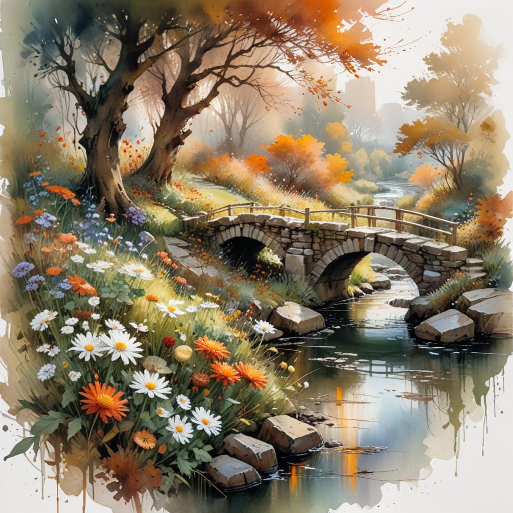 Autumn Stone Bridge in Watercolour Style