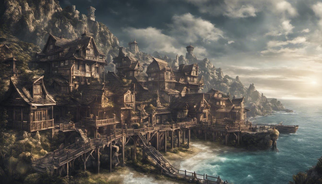 Final Fantasy Coastal Town in Hyperrealistic Style