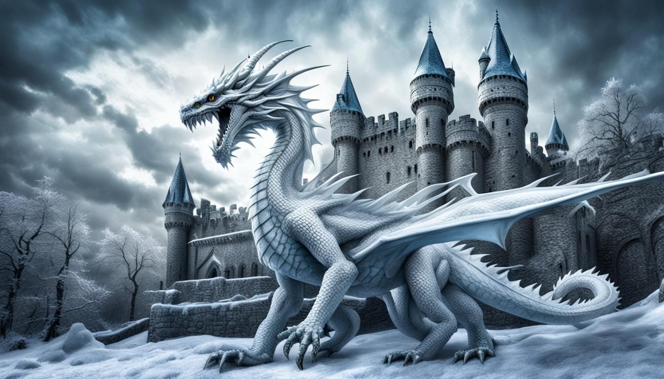 Ice Dragon Assault on Winter Castle in Hyperrealism