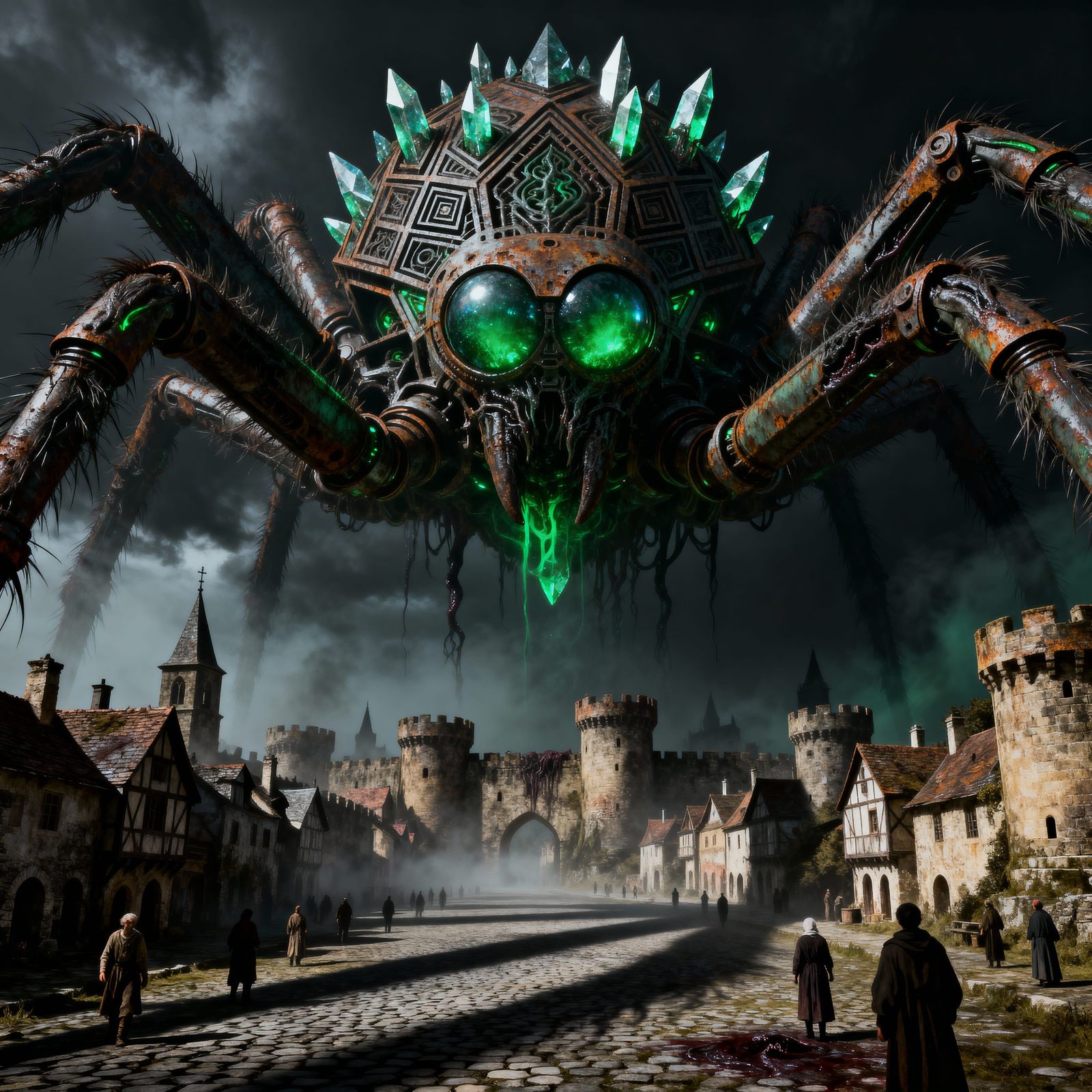 Colossal Spider Attacks Medieval Town in Surreal Horror Art