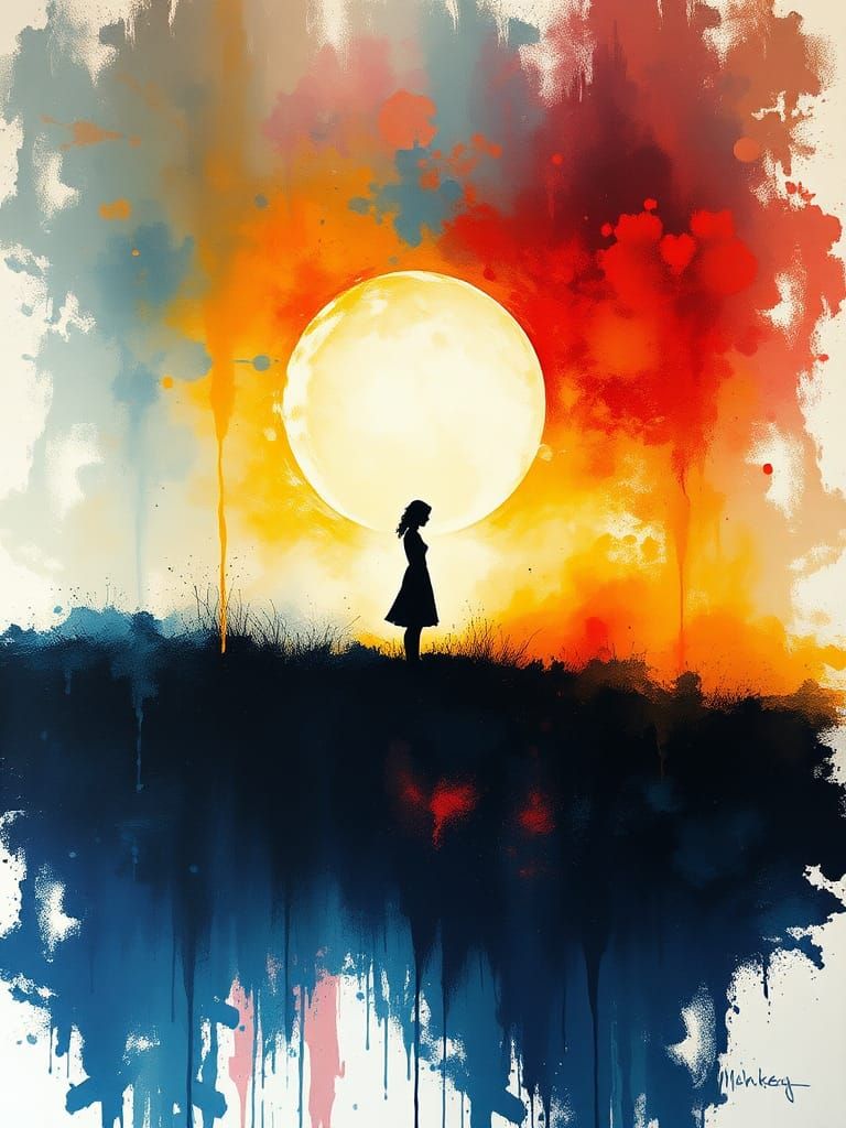 Woman in Ink Splatter Abstract Landscape