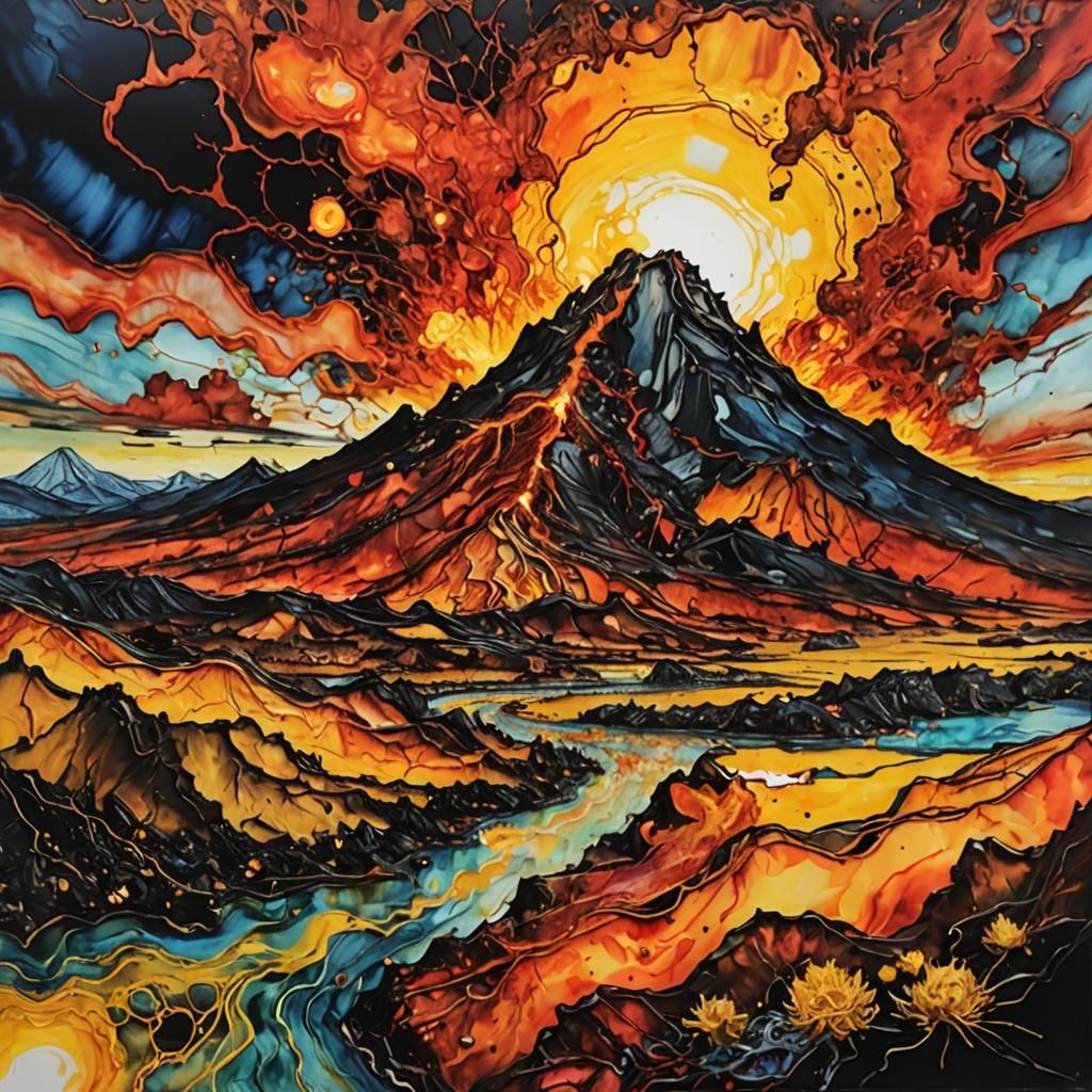 Volcanic Landscape in Encaustic Style