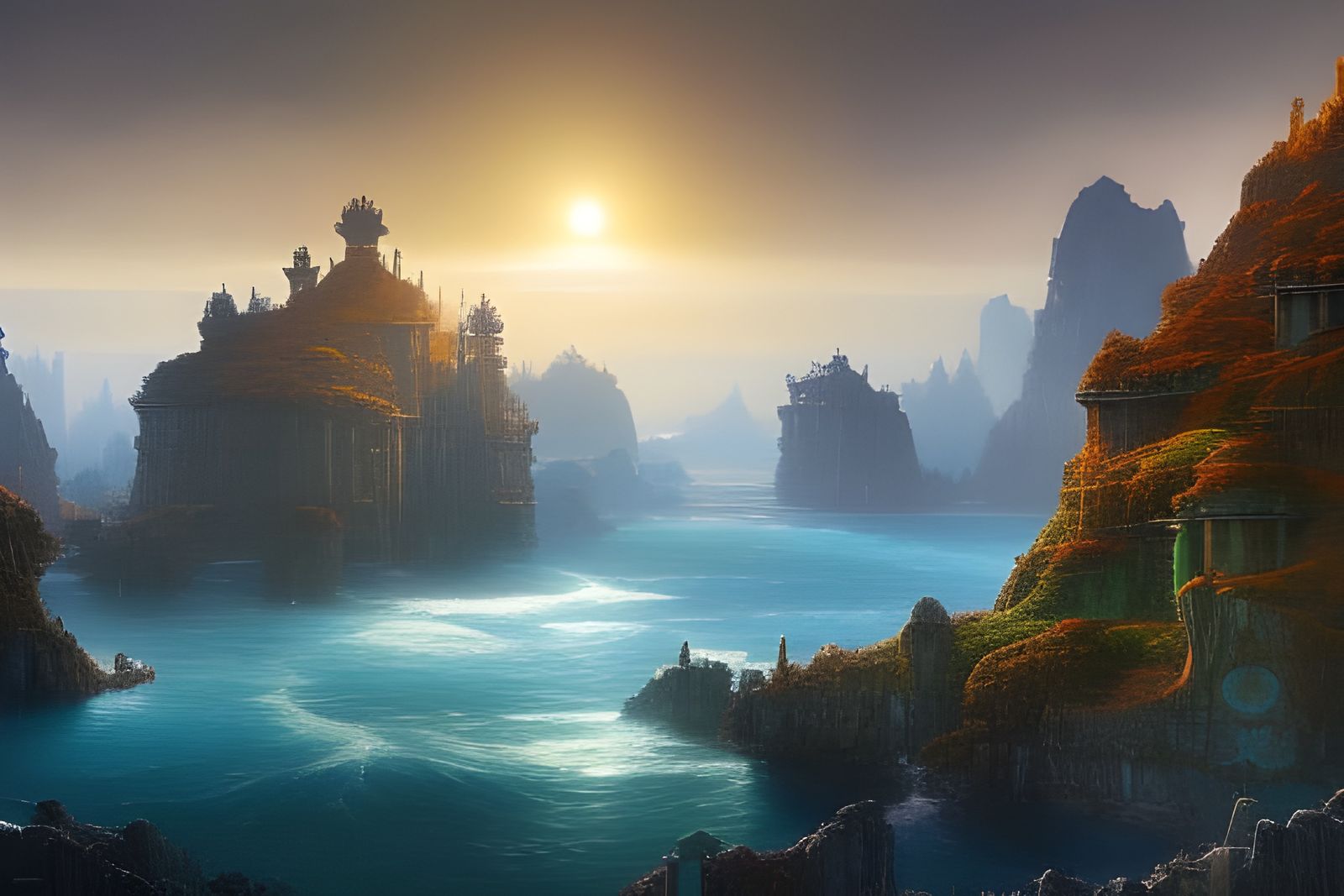 Water Planet with Floating Cities: Biopunk Concept Art