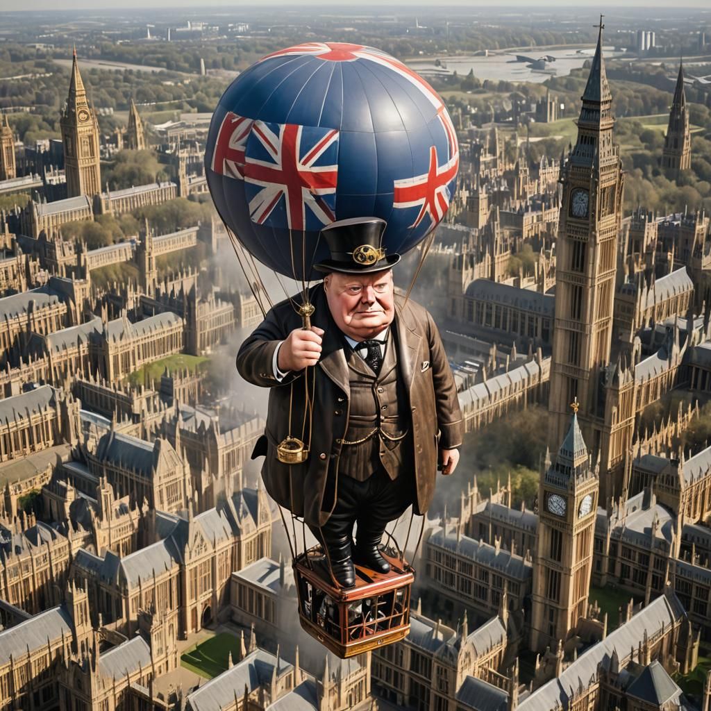 Winston Churchill in Steampunk Balloon Over Parliament