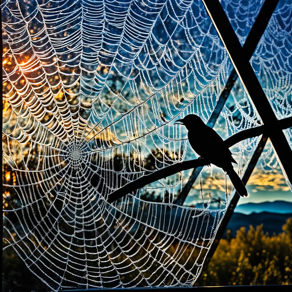 Glass Bird at Sunset with Spiderweb Window