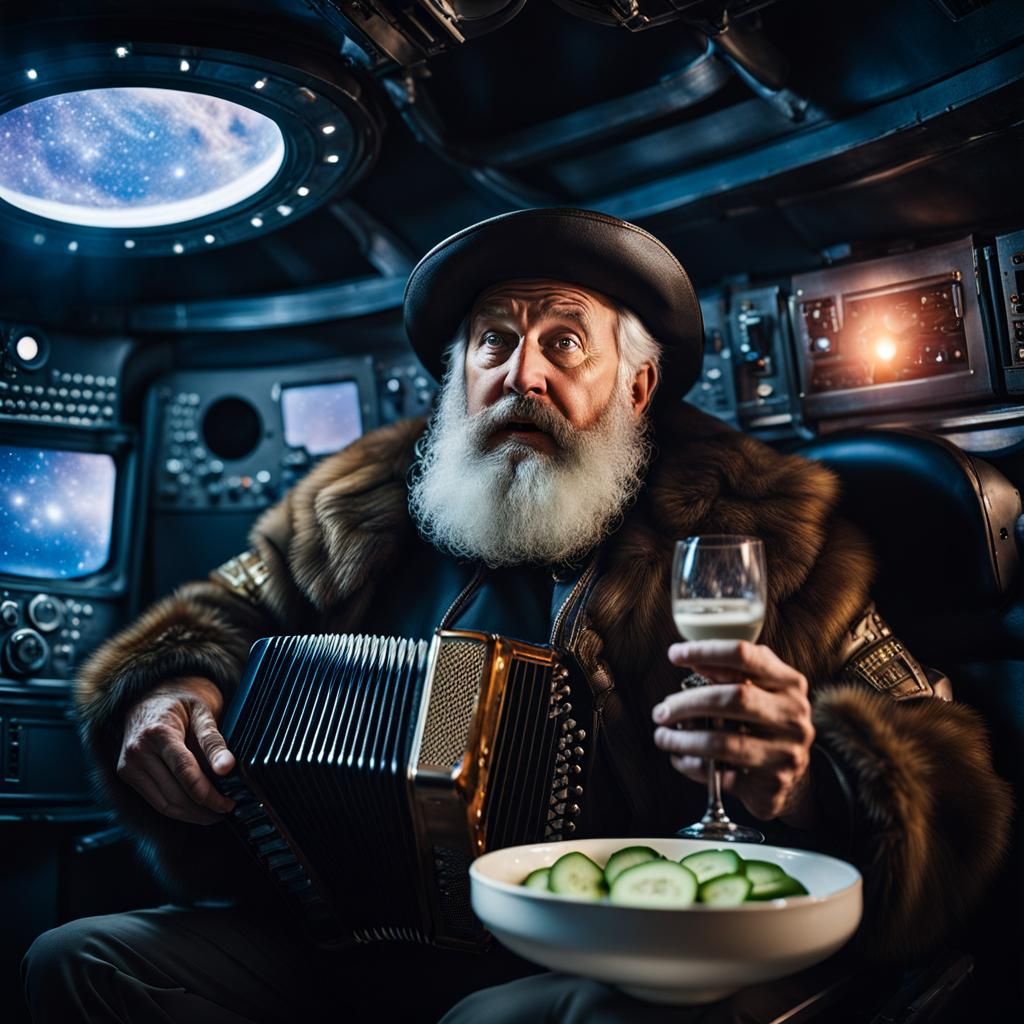 a space explorer playing garmoshka accordion