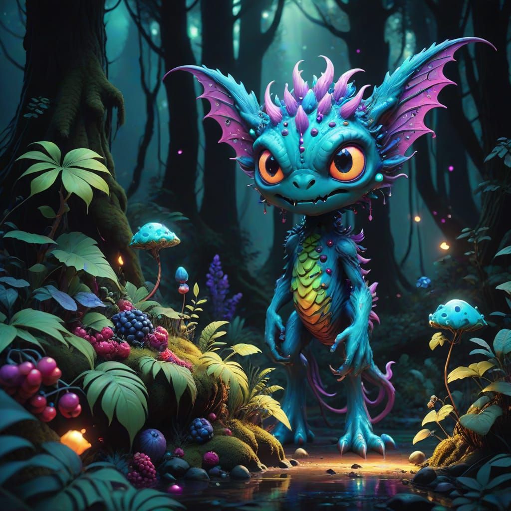 Surreal Berry Monster Illuminates Vibrant Forest in Iridesce...