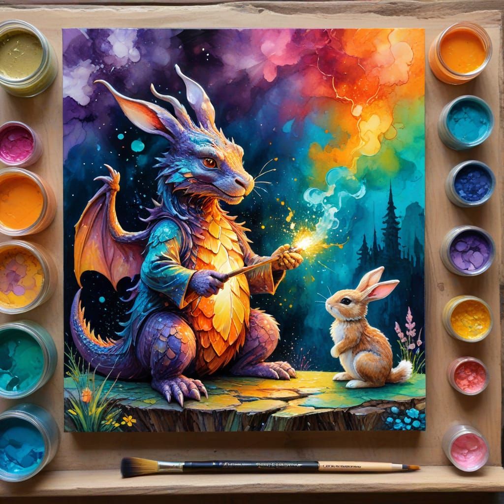 Magical Dragon Teaches Bunny Magic: Impasto Acrylic Painting