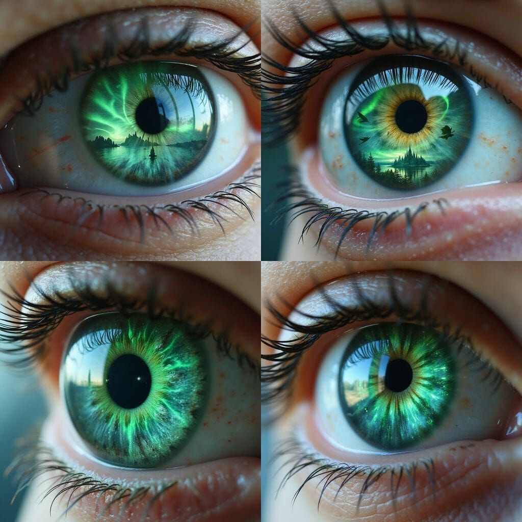 Surreal Eye with Vibrant Green Iris and Magical Fantasy Worl...