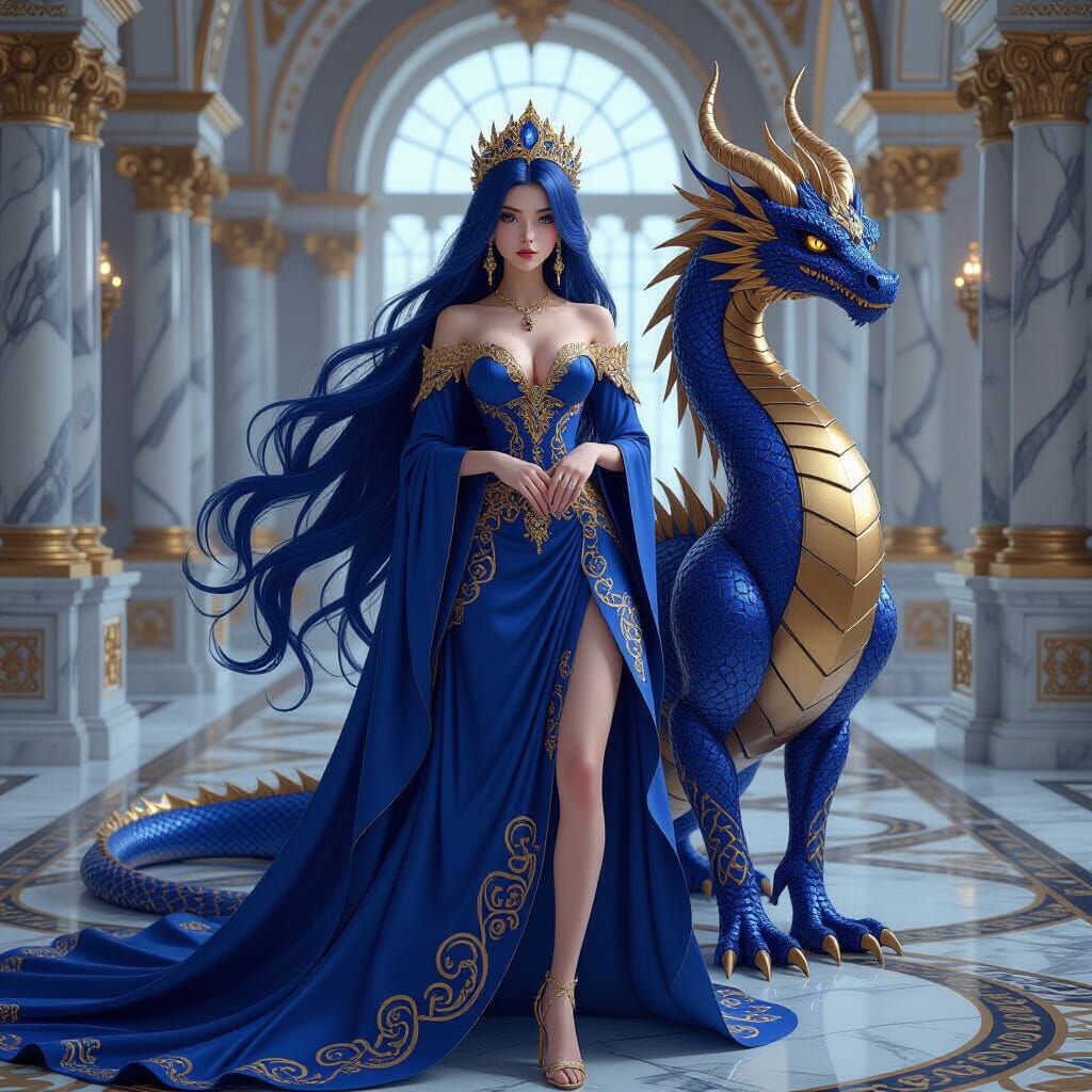Indigo Dragon and Woman in Gothic Dress
