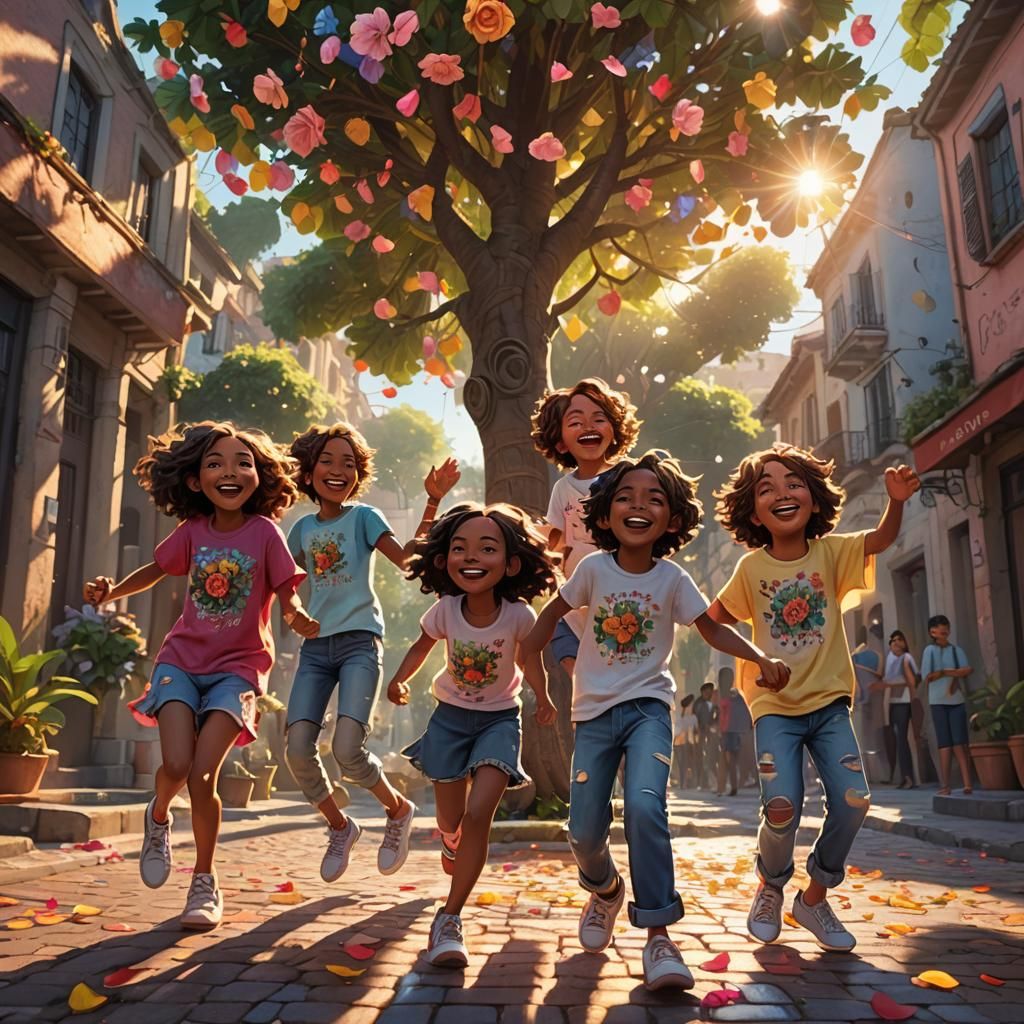 Fantasy Art: Kids Dancing on Lively Street at Dawn