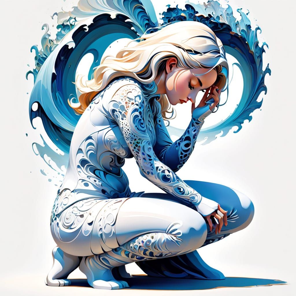 Impressionistic Painting of Woman Kneeling in White Space