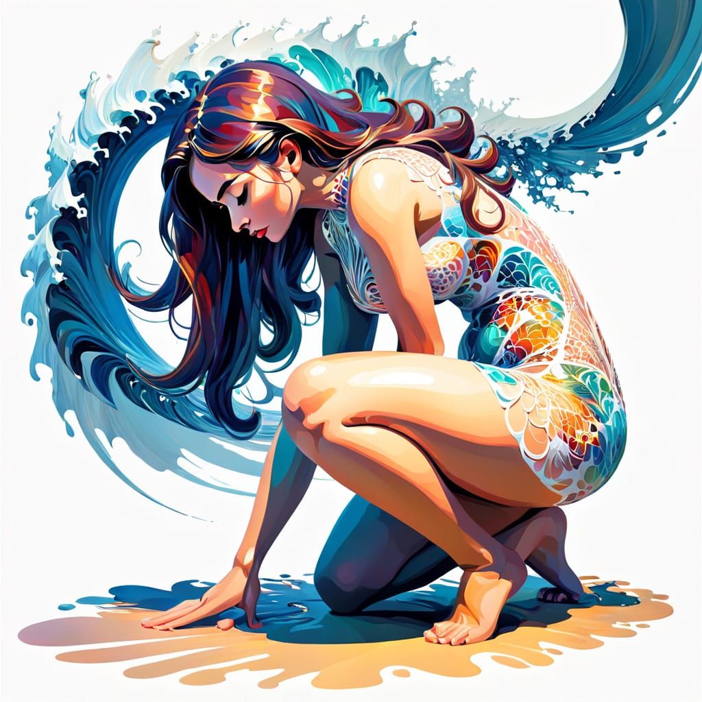 Impressionist Painting of Woman Kneeling with Thick Brush St...