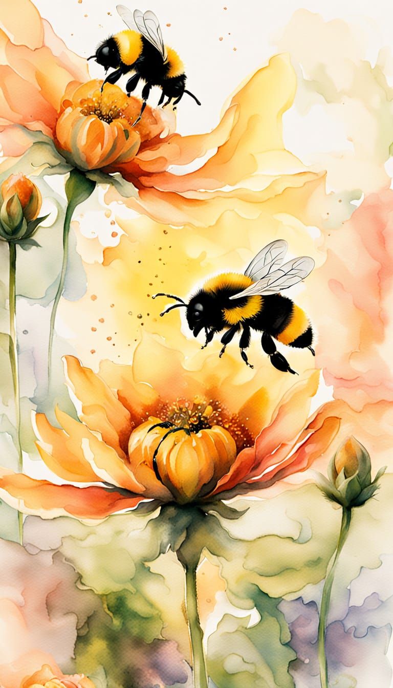 Whimsical Watercolor Bumblebees Dancing on a Flower