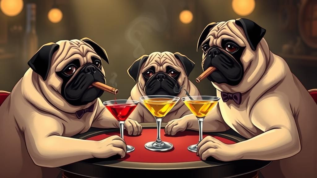 pugs playing poker smoking cigars and drinking martinis, epic masterpiece, comedic, cartoony, cute, fluffy, furry, dynam...