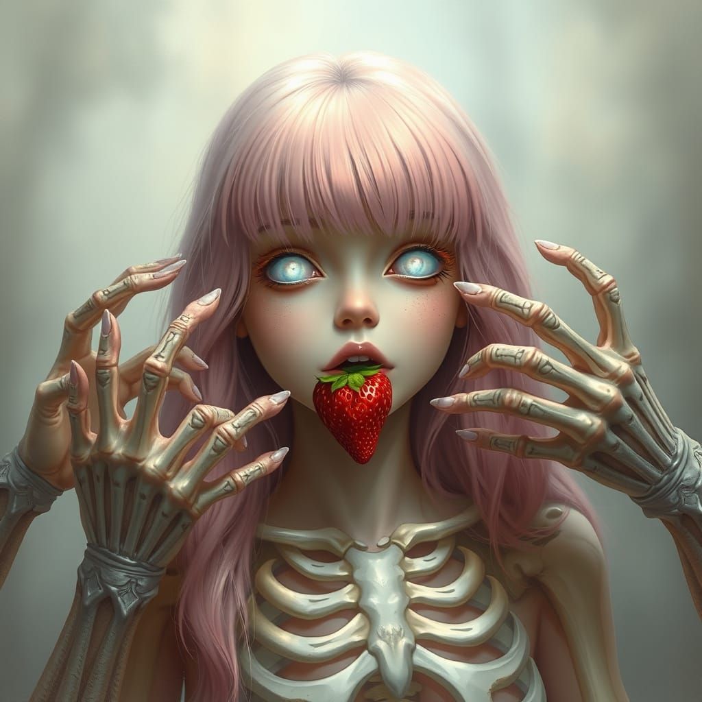 Ethereal Fantasy Woman Ascends with Strawberry Within