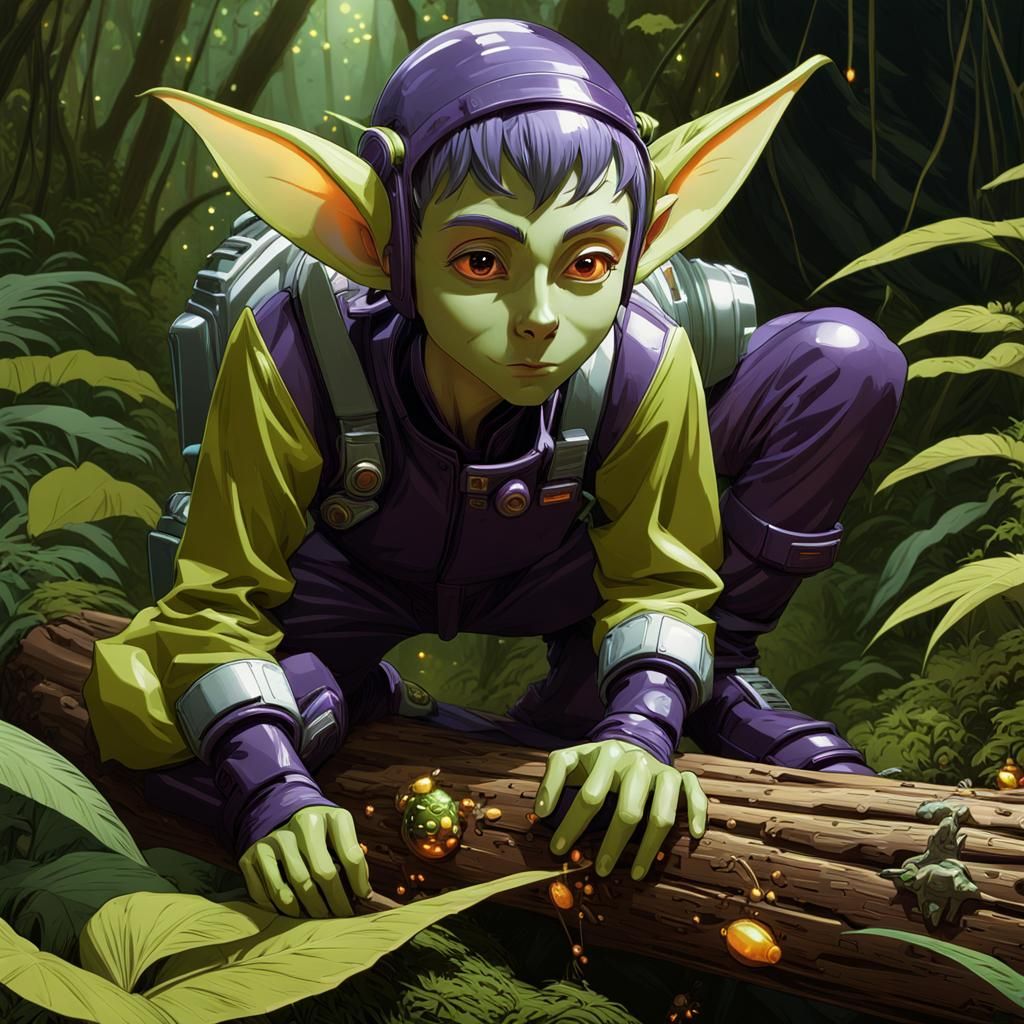 Elf Goblin in Chemsuit Amid Jungle Fireflies