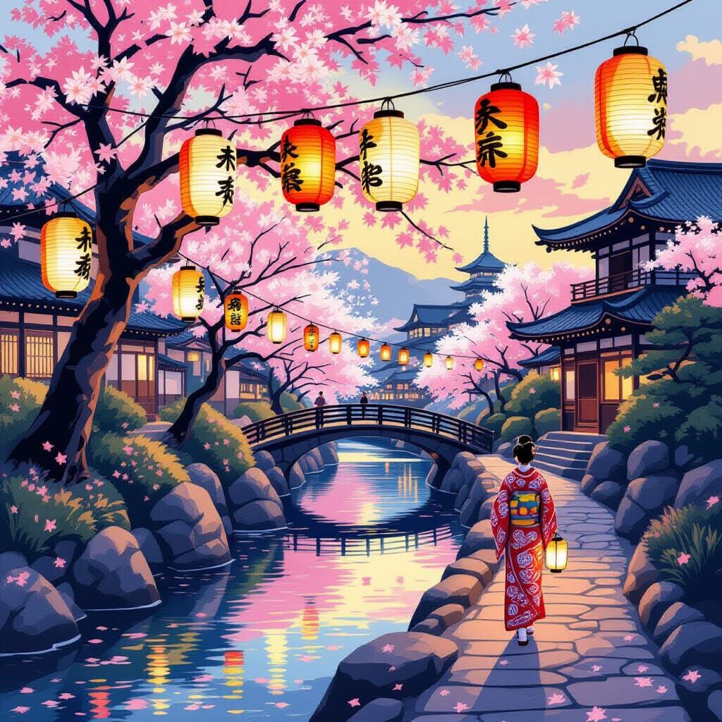 Serene Japanese Garden at Dusk: Ukiyo-e Style