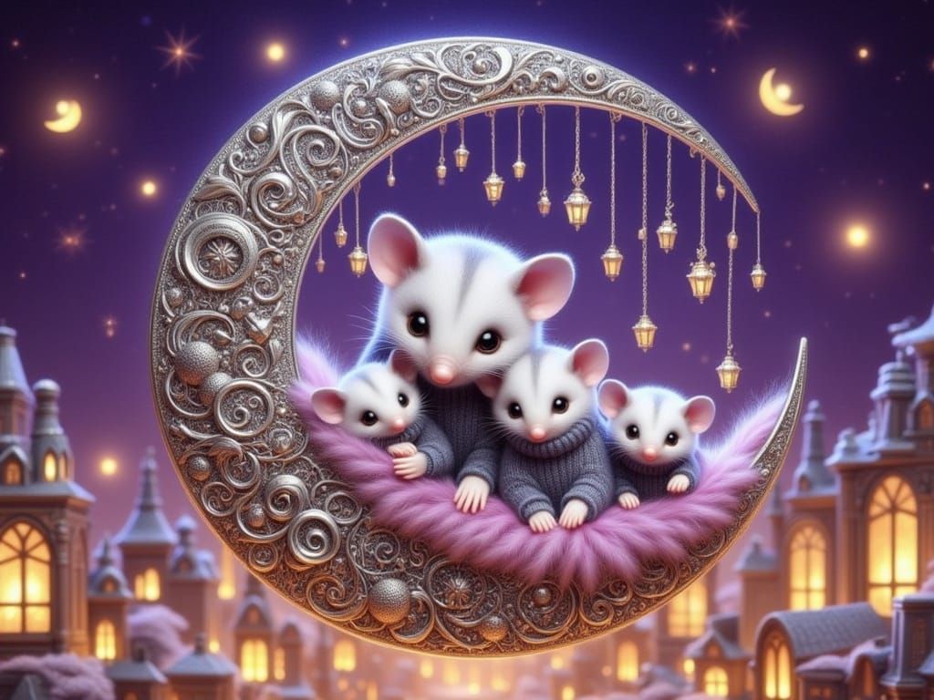 Whimsical Possums in Filigree Moon Over City