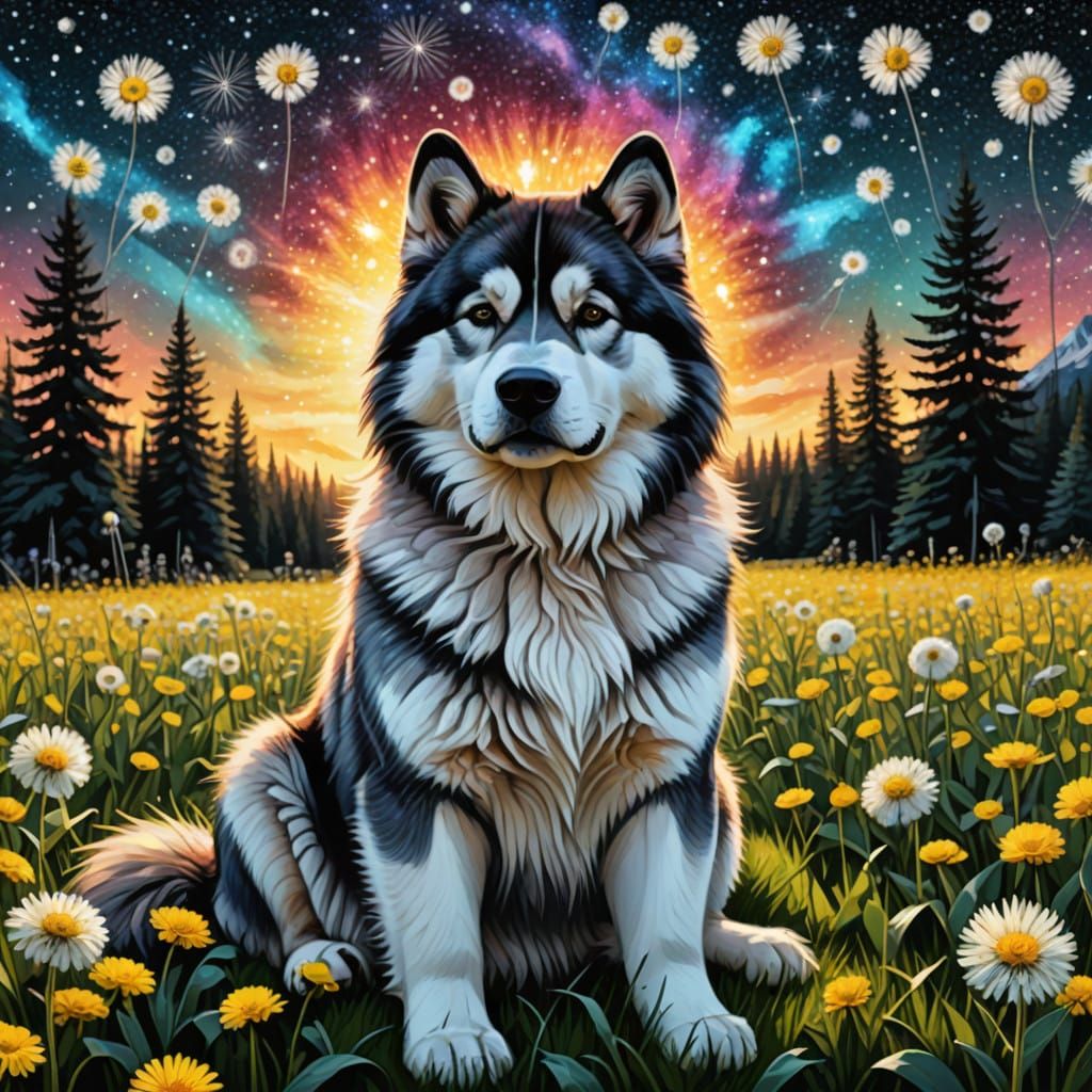 Malamute Surrounded by Cosmic Dandelions in Holographic Art